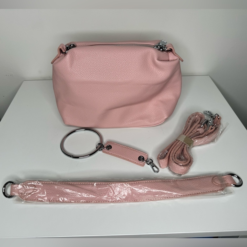 NWT Pink Woven Vegan Pebbled Leather Shoulder Bag with Additional Strap - Picture 2 of 6